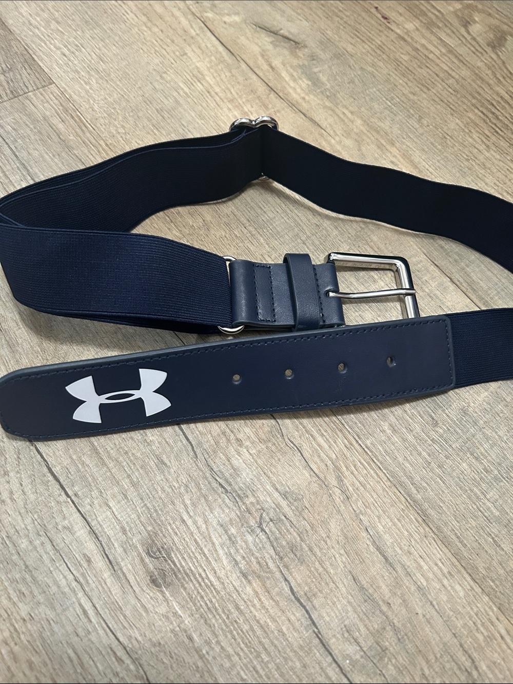Under Armour Navy Belt with White Logo and Silver Buckle